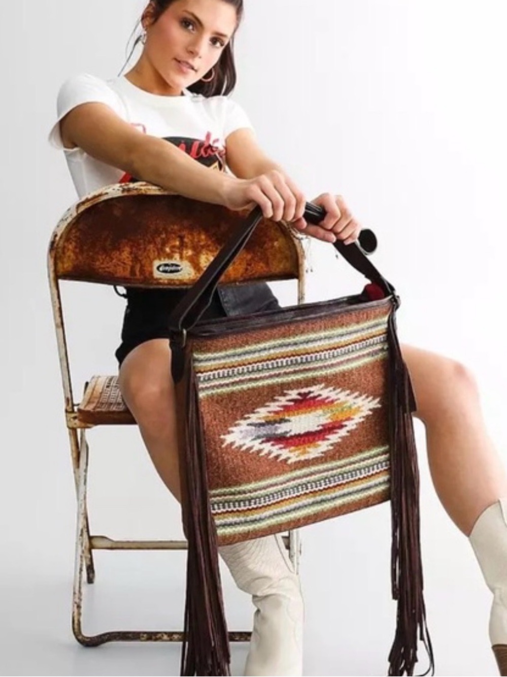 Ariat Conceal Carry Brown Southwestern Fringed Crossbody with Multicolor Pattern